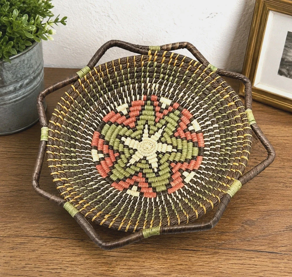 Vintage Handwoven Southwestern Basket Bowl W Handles Native American Style 8”...